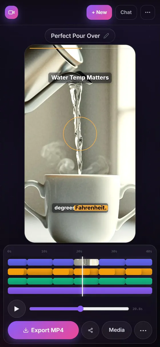 AI Video Generator su telefono: un video tutorial verticale finito sul caffè pour-over, con titolo, sottotitoli parola per parola e il pulsante Export MP4