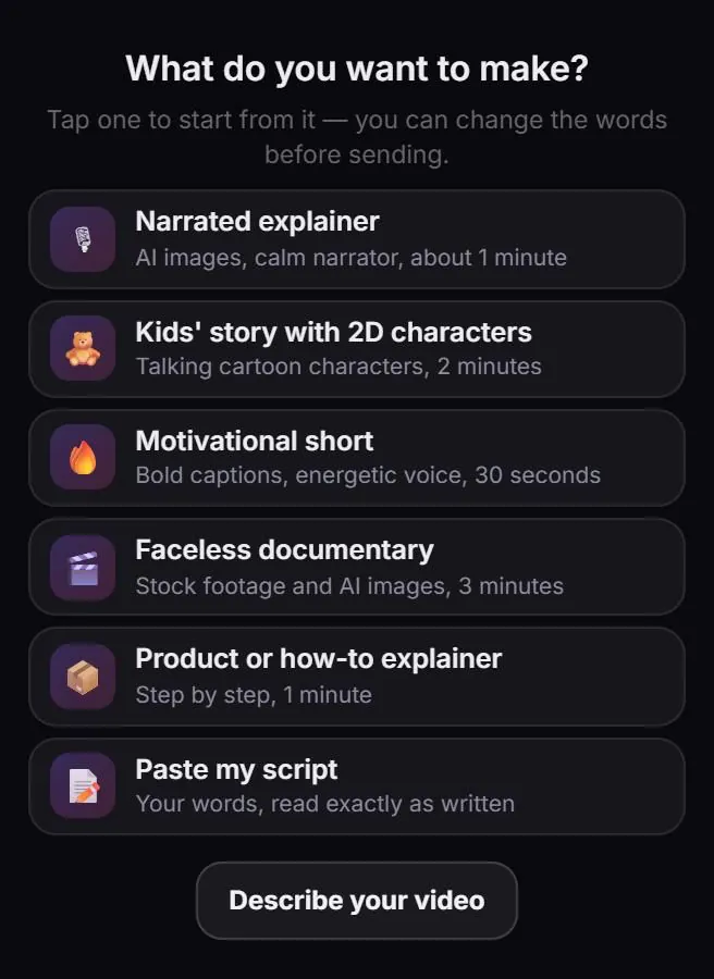 Schermata iniziale di AI Video Generator: scegli un video esplicativo con voce narrante, una storia per bambini con personaggi 2D, un breve video motivazionale, un documentario senza volto, un tutorial, oppure incolla il tuo copione