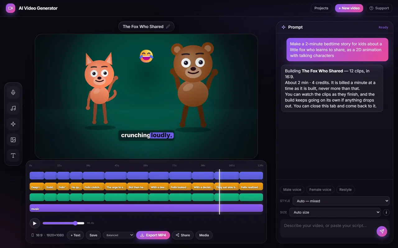 AI Video Generator on a computer: the prompt for a 2-minute kids' story, the finished 2D animated video of a fox and a bear, and its timeline of scenes, subtitles, voice and music